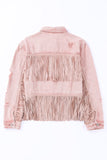 LC8512530-10-S, LC8512530-10-M, LC8512530-10-L, LC8512530-10-XL, LC8512530-10-2XL, Pink Women's Distressed Fringed Cropped Denim Jacket Long Sleeve Trucker Jacket