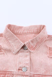 LC8512530-10-S, LC8512530-10-M, LC8512530-10-L, LC8512530-10-XL, LC8512530-10-2XL, Pink Women's Distressed Fringed Cropped Denim Jacket Long Sleeve Trucker Jacket