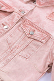 LC8512530-10-S, LC8512530-10-M, LC8512530-10-L, LC8512530-10-XL, LC8512530-10-2XL, Pink Women's Distressed Fringed Cropped Denim Jacket Long Sleeve Trucker Jacket