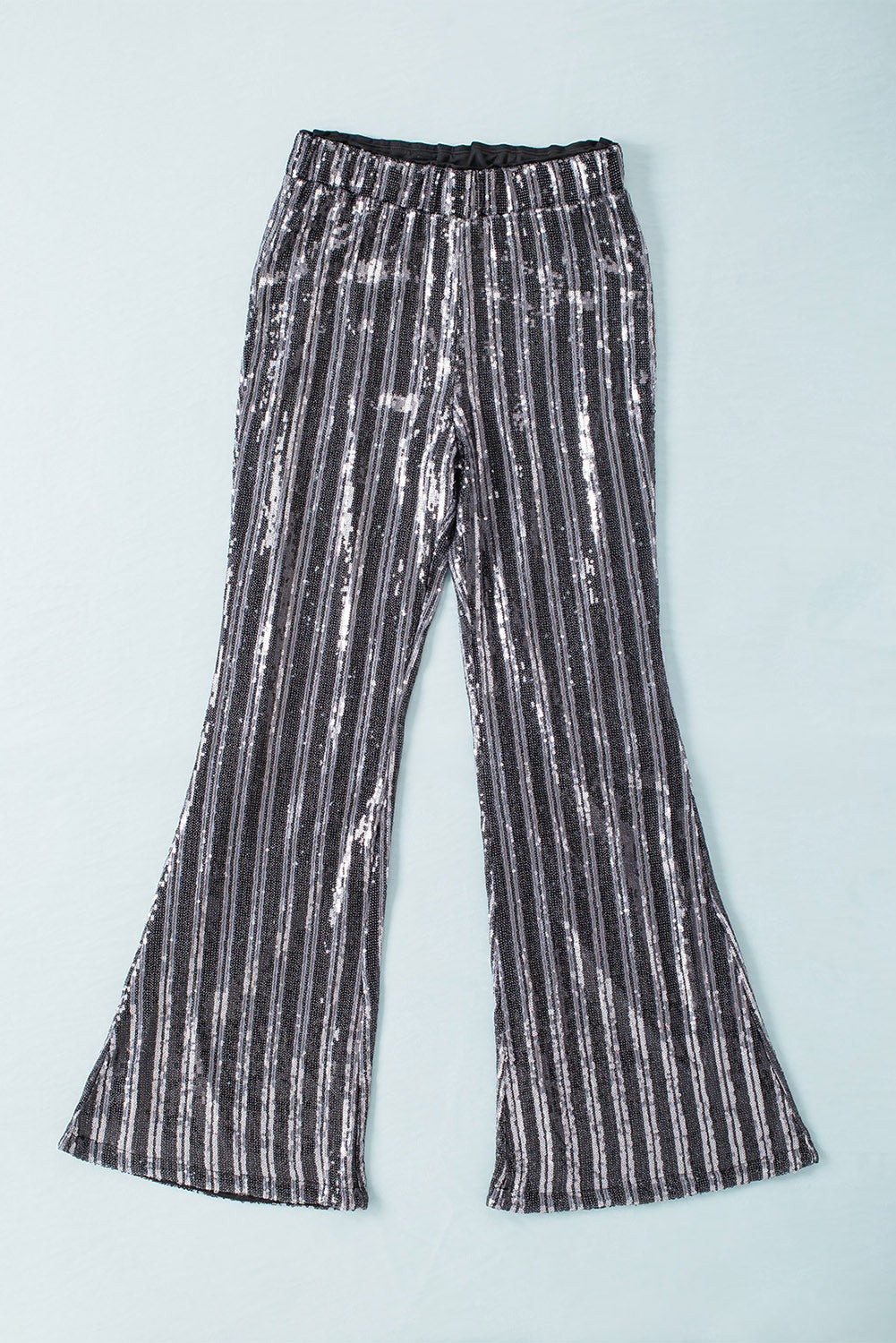 LC77253-13-S, LC77253-13-M, LC77253-13-L, LC77253-13-XL, LC77253-13-2XL, Silver Sequin Stripe High Waist Flare Pants