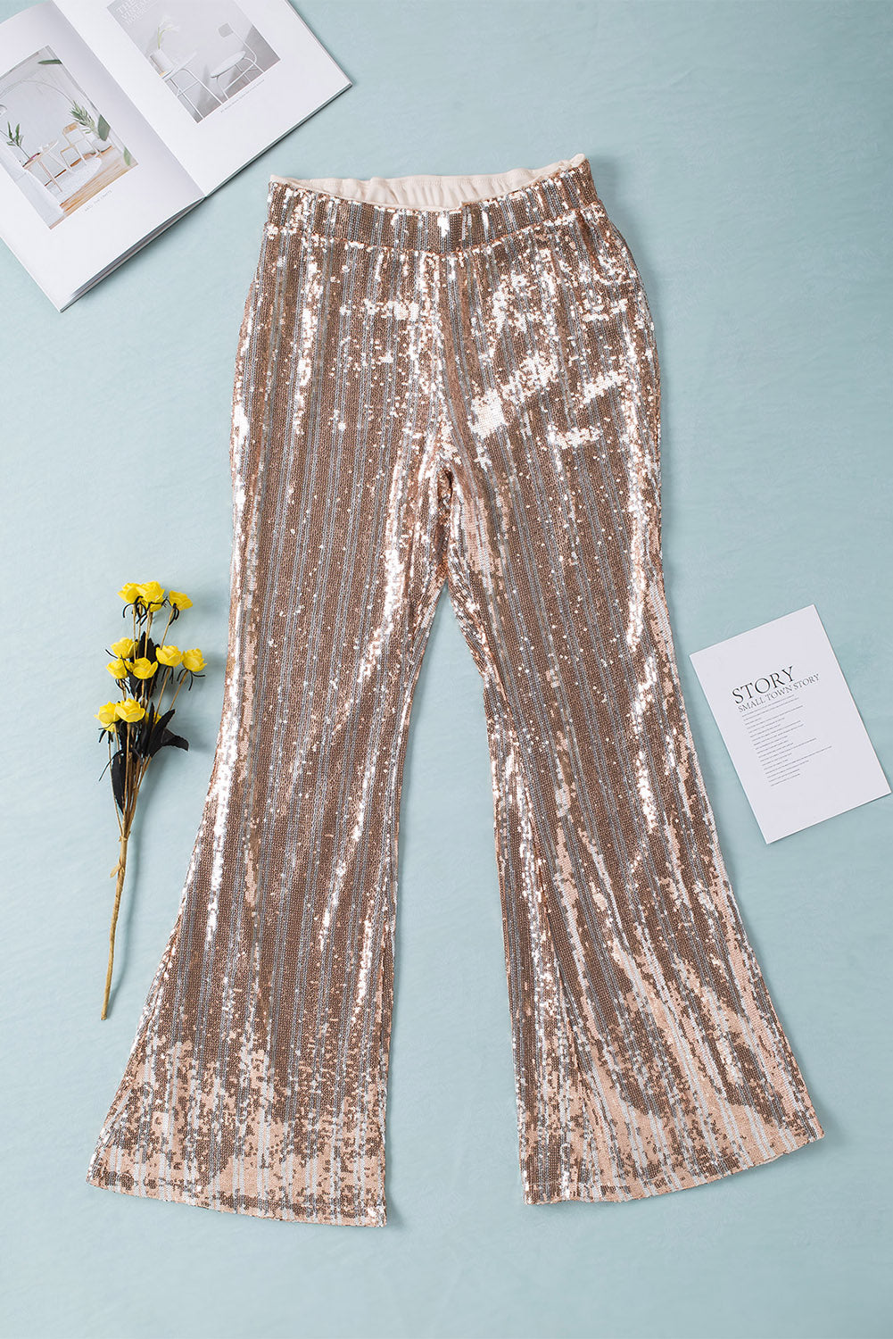 LC77253-18-S, LC77253-18-M, LC77253-18-L, LC77253-18-XL, LC77253-18-2XL, Apricot Sequin Stripe High Waist Flare Pants