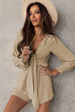 LC643624-15-S, LC643624-15-M, LC643624-15-L, LC643624-15-XL, LC643624-15-2XL, Beige Women's Sexy V Neck Jumpsuits Chiffon Tie Knot Front Puff Long Sleeve Romper