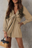 LC643624-15-S, LC643624-15-M, LC643624-15-L, LC643624-15-XL, LC643624-15-2XL, Beige Women's Sexy V Neck Jumpsuits Chiffon Tie Knot Front Puff Long Sleeve Romper