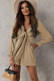 LC643624-15-S, LC643624-15-M, LC643624-15-L, LC643624-15-XL, LC643624-15-2XL, Beige Women's Sexy V Neck Jumpsuits Chiffon Tie Knot Front Puff Long Sleeve Romper