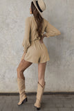 LC643624-15-S, LC643624-15-M, LC643624-15-L, LC643624-15-XL, LC643624-15-2XL, Beige Women's Sexy V Neck Jumpsuits Chiffon Tie Knot Front Puff Long Sleeve Romper