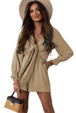 LC643624-15-S, LC643624-15-M, LC643624-15-L, LC643624-15-XL, LC643624-15-2XL, Beige Women's Sexy V Neck Jumpsuits Chiffon Tie Knot Front Puff Long Sleeve Romper