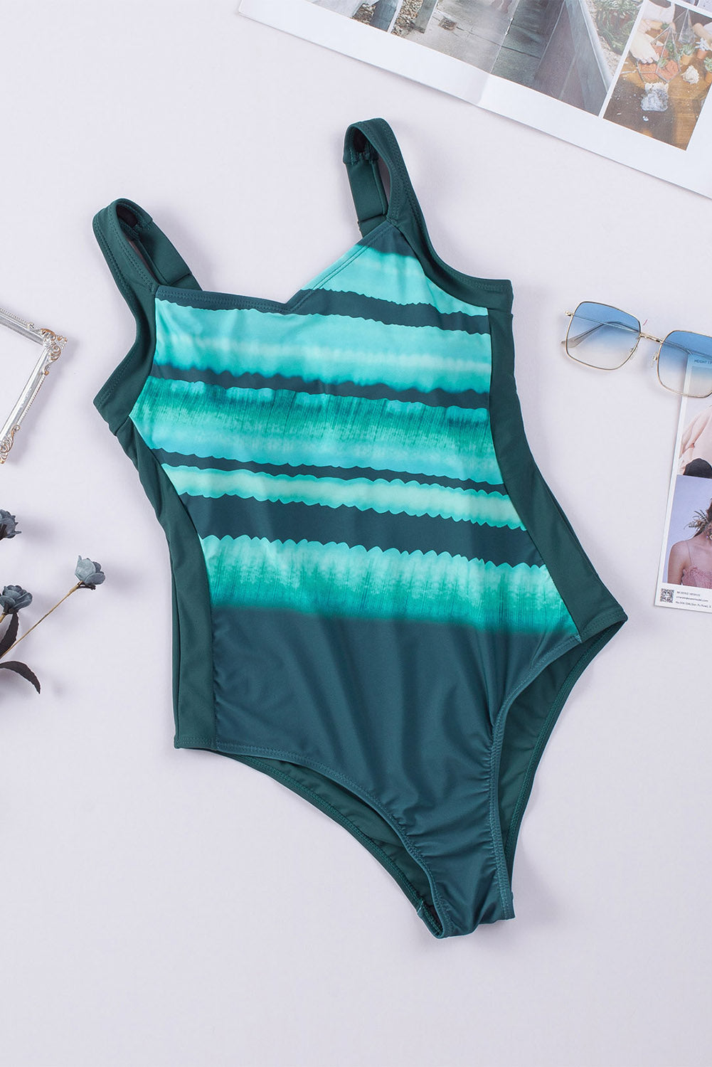 LC442787-104-S, LC442787-104-M, LC442787-104-L, LC442787-104-XL, LC442787-104-2XL, Sky Blue Women's One Piece Swimsuit Striped Pattern Print Sleeveless Bathing Suit