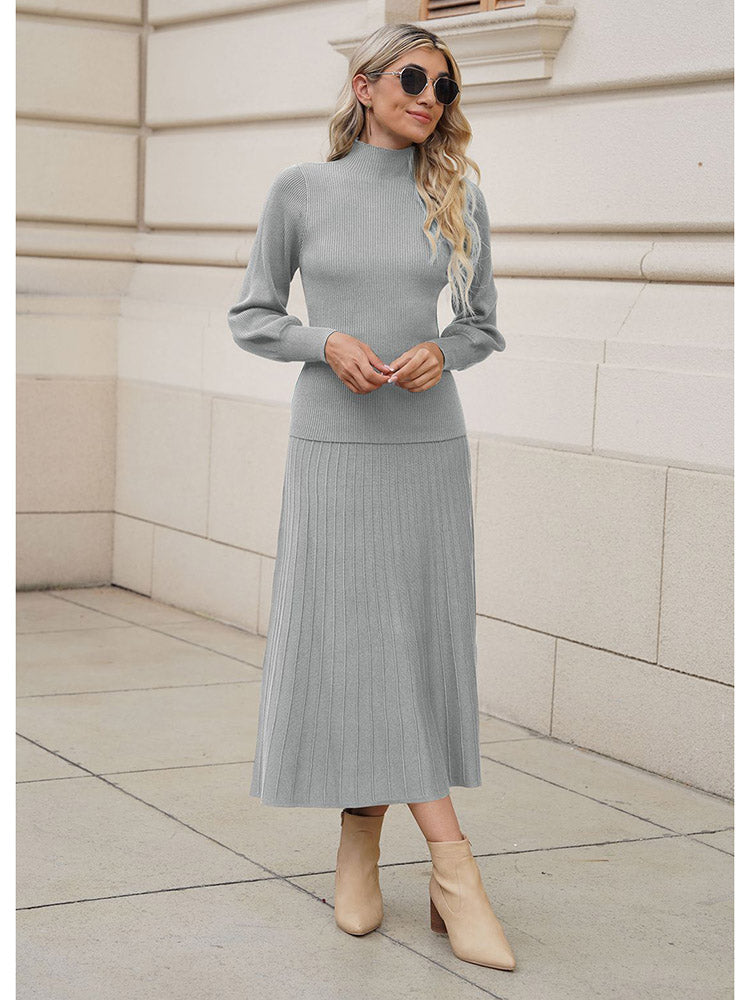 LC275013-11-S, LC275013-11-M, LC275013-11-L, LC275013-11-XL, Grey Women's 2 Piece Sweater Dress Mock Neck Puff Sleeve Ribbed Knit Top Maxi Skirt Set