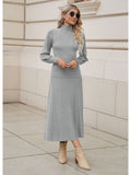 LC275013-11-S, LC275013-11-M, LC275013-11-L, LC275013-11-XL, Grey Women's 2 Piece Sweater Dress Mock Neck Puff Sleeve Ribbed Knit Top Maxi Skirt Set