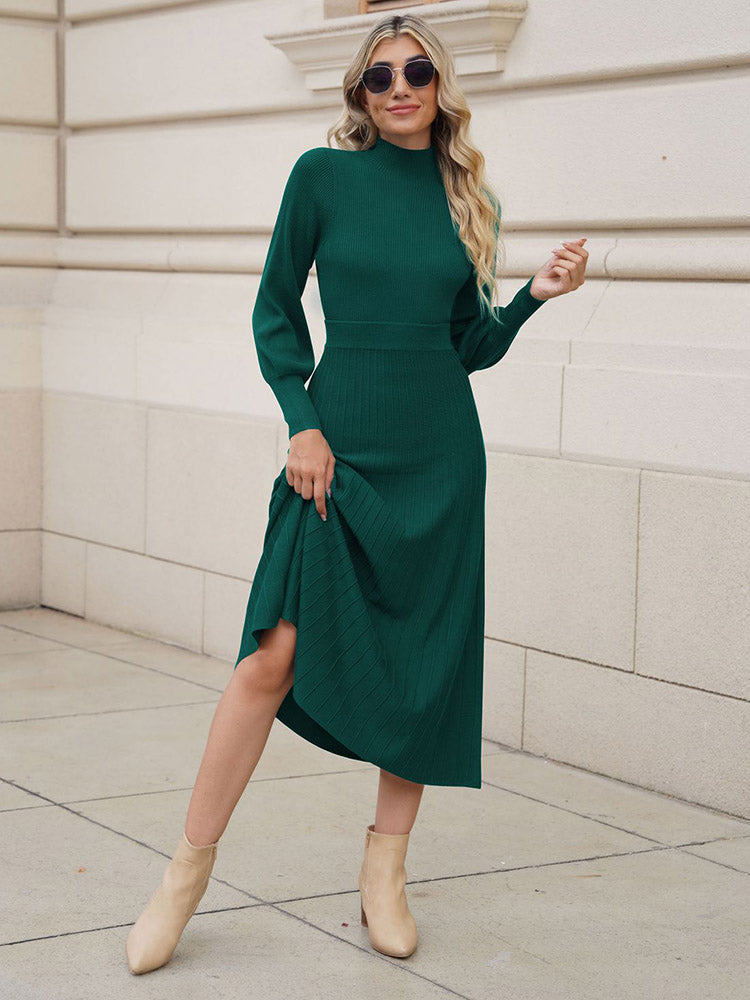 LC275013-9-S, LC275013-9-M, LC275013-9-L, LC275013-9-XL, Green Women's 2 Piece Sweater Dress Mock Neck Puff Sleeve Ribbed Knit Top Maxi Skirt Set