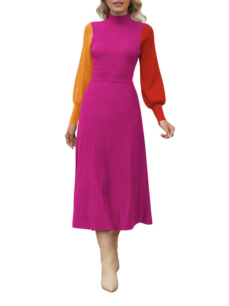 LC275013-6-S, LC275013-6-M, LC275013-6-L, LC275013-6-XL, Rose Red Women's 2 Piece Sweater Dress Mock Neck Puff Sleeve Ribbed Knit Top Maxi Skirt Set