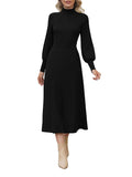 LC275013-2-S, LC275013-2-M, LC275013-2-L, LC275013-2-XL, Black Women's 2 Piece Sweater Dress Mock Neck Puff Sleeve Ribbed Knit Top Maxi Skirt Set