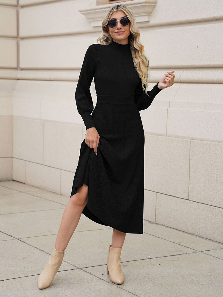 LC275013-2-S, LC275013-2-M, LC275013-2-L, LC275013-2-XL, Black Women's 2 Piece Sweater Dress Mock Neck Puff Sleeve Ribbed Knit Top Maxi Skirt Set