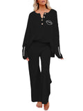LC624914-2-S, LC624914-2-M, LC624914-2-L, LC624914-2-XL, Black Women's 2 Piece Outfit Set Print Button Knit Top Wide Leg Pants Loungewear