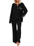 LC624914-2-S, LC624914-2-M, LC624914-2-L, LC624914-2-XL, Black Women's 2 Piece Outfit Set Print Button Knit Top Wide Leg Pants Loungewear