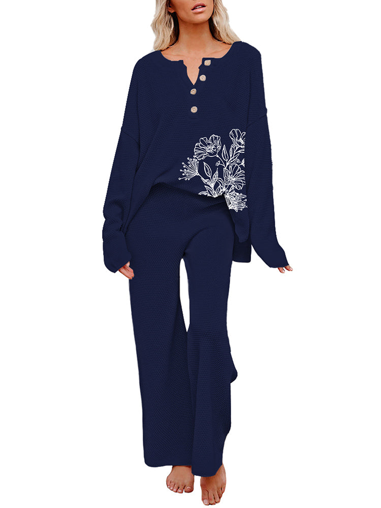 LC624913-5-S, LC624913-5-M, LC624913-5-L, LC624913-5-XL, Blue Women's 2 Piece Outfit Sweatsuit Floral Button Knit Long Sleeve Wide Leg Pants Lounge Set