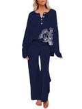 Women's 2 Piece Outfit Sweatsuit Floral Button Knit Long Sleeve Wide Leg Pants Lounge Set