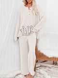 LC624911-15-S, LC624911-15-M, LC624911-15-L, LC624911-15-XL, Beige Women's 2 Piece Sweatsuit Outfits Oversized Floral Button Knit Top Wide Leg Pants Loungewear Sweater Sets