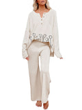 LC624911-15-S, LC624911-15-M, LC624911-15-L, LC624911-15-XL, Beige Women's 2 Piece Sweatsuit Outfits Oversized Floral Button Knit Top Wide Leg Pants Loungewear Sweater Sets