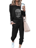 LC624905-2-S, LC624905-2-M, LC624905-2-L, LC624905-2-XL, LC624905-2-2XL, Black Women's 2 Piece Outfit Set Skull Print Crewneck Top Loose Pants Tracksuit Jogger Set
