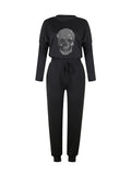 LC624905-2-S, LC624905-2-M, LC624905-2-L, LC624905-2-XL, LC624905-2-2XL, Black Women's 2 Piece Outfit Set Skull Print Crewneck Top Loose Pants Tracksuit Jogger Set