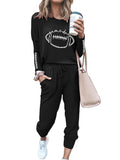 LC624904-2-S, LC624904-2-M, LC624904-2-L, LC624904-2-XL, LC624904-2-2XL, Black Women's Fall Two Piece Outfit Print Long Sleeve Crewneck Pullover Tops Jogger Pants Set