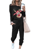LC624903-2-S, LC624903-2-M, LC624903-2-L, LC624903-2-XL, LC624903-2-2XL, Black Women's 2 Piece Outfit Christmas Reindeer Crewneck Pullover Tops Long Pants Tracksuit Sweatsuits