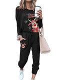 LC624902-2-S, LC624902-2-M, LC624902-2-L, LC624902-2-XL, LC624902-2-2XL, Black Lounge Sets for Women Christmas Reindeer Print Loungewear Set Jogging Suits