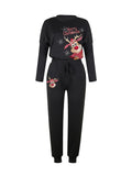 LC624902-2-S, LC624902-2-M, LC624902-2-L, LC624902-2-XL, LC624902-2-2XL, Black Lounge Sets for Women Christmas Reindeer Print Loungewear Set Jogging Suits