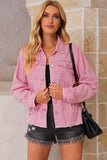 LC8511504-10-S, LC8511504-10-M, LC8511504-10-L, LC8511504-10-XL, LC8511504-10-2XL, Pink Women's Jean Jacket Long Sleeve Lapel Distressed Raw Hem Buttons Denim Coat