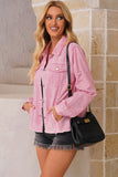 LC8511504-10-S, LC8511504-10-M, LC8511504-10-L, LC8511504-10-XL, LC8511504-10-2XL, Pink Women's Jean Jacket Long Sleeve Lapel Distressed Raw Hem Buttons Denim Coat