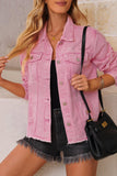 LC8511504-10-S, LC8511504-10-M, LC8511504-10-L, LC8511504-10-XL, LC8511504-10-2XL, Pink Women's Jean Jacket Long Sleeve Lapel Distressed Raw Hem Buttons Denim Coat