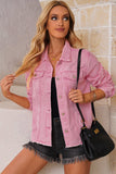 LC8511504-10-S, LC8511504-10-M, LC8511504-10-L, LC8511504-10-XL, LC8511504-10-2XL, Pink Women's Jean Jacket Long Sleeve Lapel Distressed Raw Hem Buttons Denim Coat