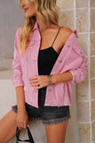 LC8511504-10-S, LC8511504-10-M, LC8511504-10-L, LC8511504-10-XL, LC8511504-10-2XL, Pink Women's Jean Jacket Long Sleeve Lapel Distressed Raw Hem Buttons Denim Coat