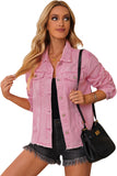 LC8511504-10-S, LC8511504-10-M, LC8511504-10-L, LC8511504-10-XL, LC8511504-10-2XL, Pink Women's Jean Jacket Long Sleeve Lapel Distressed Raw Hem Buttons Denim Coat
