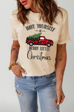 LC25219009-16-S, LC25219009-16-M, LC25219009-16-L, LC25219009-16-XL, LC25219009-16-2XL, Khaki Christmas Plaid Truck Tree Graphic Top Leopard T Shirt