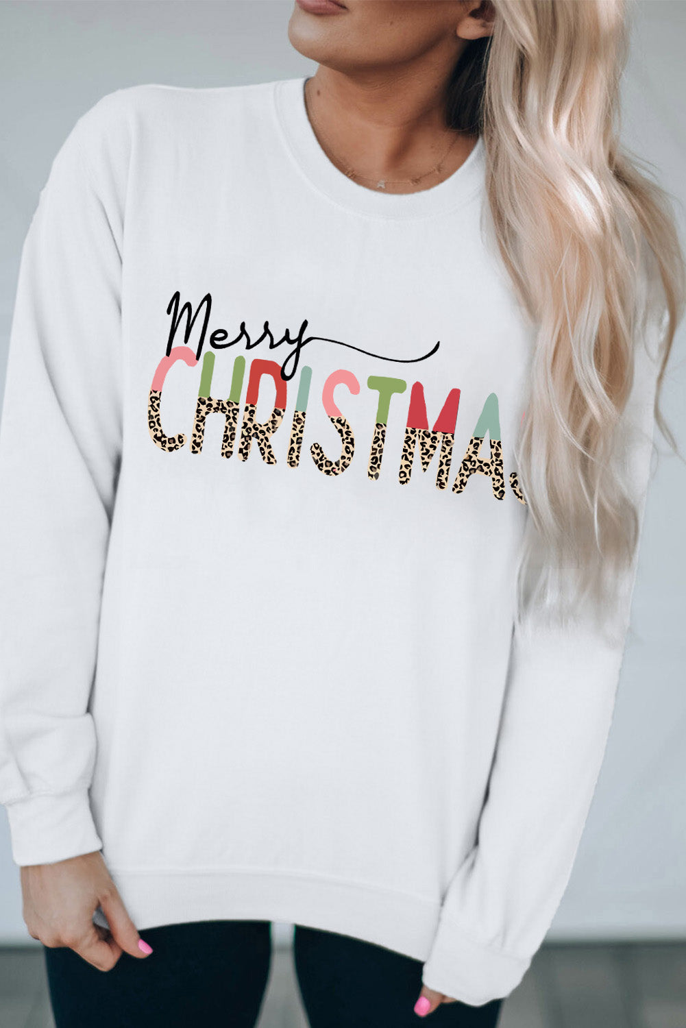 LC25313583-1-S, LC25313583-1-M, LC25313583-1-L, LC25313583-1-XL, LC25313583-1-2XL, White Merry Christmas Sweatshirt Women Leopar Holiday Pullover Tops