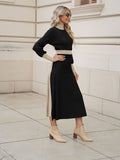 LC275013-102-S, LC275013-102-M, LC275013-102-L, LC275013-102-XL, Black Women's 2 Piece Sweater Dress Mock Neck Puff Sleeve Ribbed Knit Top Maxi Skirt Set