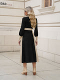 LC275013-102-S, LC275013-102-M, LC275013-102-L, LC275013-102-XL, Black Women's 2 Piece Sweater Dress Mock Neck Puff Sleeve Ribbed Knit Top Maxi Skirt Set