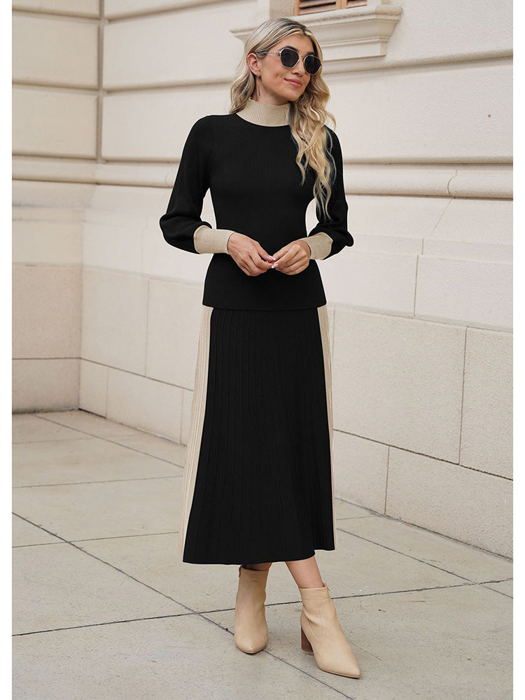 LC275013-102-S, LC275013-102-M, LC275013-102-L, LC275013-102-XL, Black Women's 2 Piece Sweater Dress Mock Neck Puff Sleeve Ribbed Knit Top Maxi Skirt Set