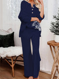 LC624913-5-S, LC624913-5-M, LC624913-5-L, LC624913-5-XL, Blue Women's 2 Piece Outfit Sweatsuit Floral Button Knit Long Sleeve Wide Leg Pants Lounge Set