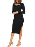 LC273313-2-S, LC273313-2-M, LC273313-2-L, LC273313-2-XL, Black Women's Bodycon Midi Dress Long Sleeve Cut Out Ribbed Knit Party Club Dress