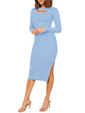 LC273313-4-S, LC273313-4-M, LC273313-4-L, LC273313-4-XL, Sky Blue Women's Bodycon Midi Dress Long Sleeve Cut Out Ribbed Knit Party Club Dress