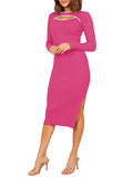 LC273313-6-S, LC273313-6-M, LC273313-6-L, LC273313-6-XL, Rose Red Women's Bodycon Midi Dress Long Sleeve Cut Out Ribbed Knit Party Club Dress