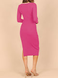 LC273313-6-S, LC273313-6-M, LC273313-6-L, LC273313-6-XL, Rose Red Women's Bodycon Midi Dress Long Sleeve Cut Out Ribbed Knit Party Club Dress
