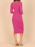 LC273313-6-S, LC273313-6-M, LC273313-6-L, LC273313-6-XL, Rose Red Women's Bodycon Midi Dress Long Sleeve Cut Out Ribbed Knit Party Club Dress