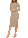 LC273313-16-S, LC273313-16-M, LC273313-16-L, LC273313-16-XL, Khaki Women's Bodycon Midi Dress Long Sleeve Cut Out Ribbed Knit Party Club Dress