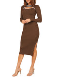 LC273313-17-S, LC273313-17-M, LC273313-17-L, LC273313-17-XL, Brown Women's Bodycon Midi Dress Long Sleeve Cut Out Ribbed Knit Party Club Dress