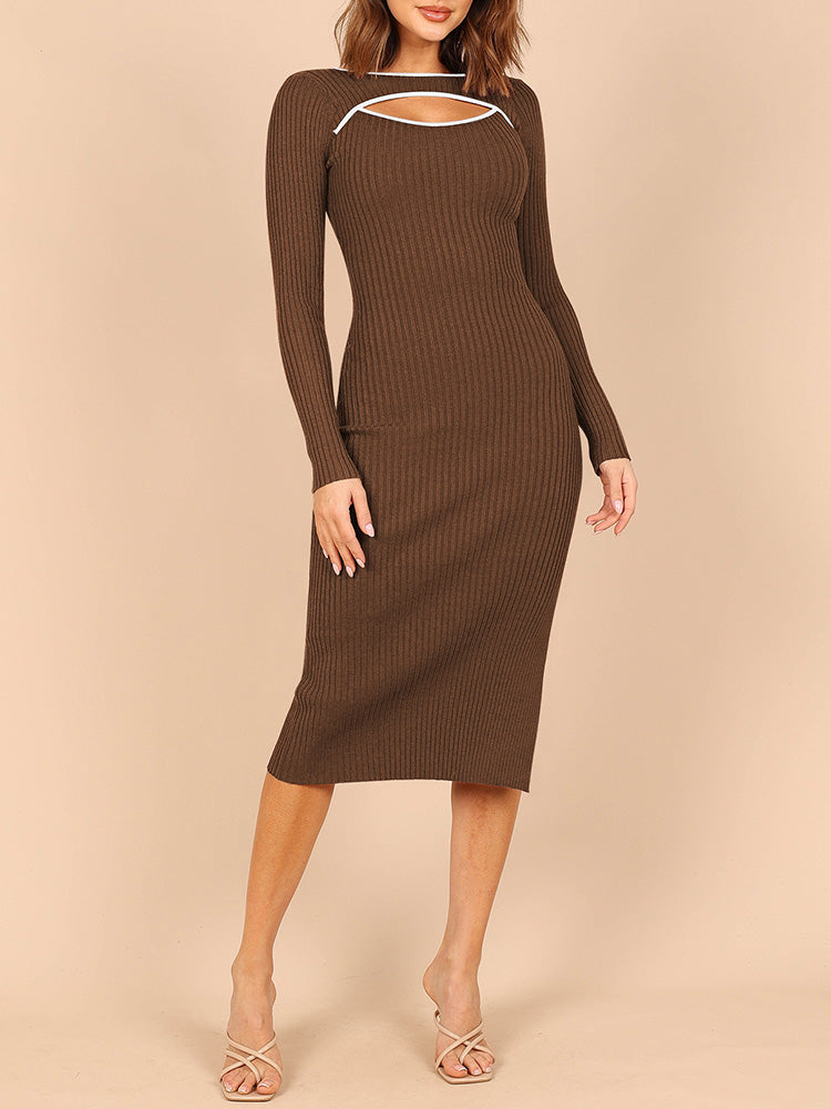 LC273313-17-S, LC273313-17-M, LC273313-17-L, LC273313-17-XL, Brown Women's Bodycon Midi Dress Long Sleeve Cut Out Ribbed Knit Party Club Dress