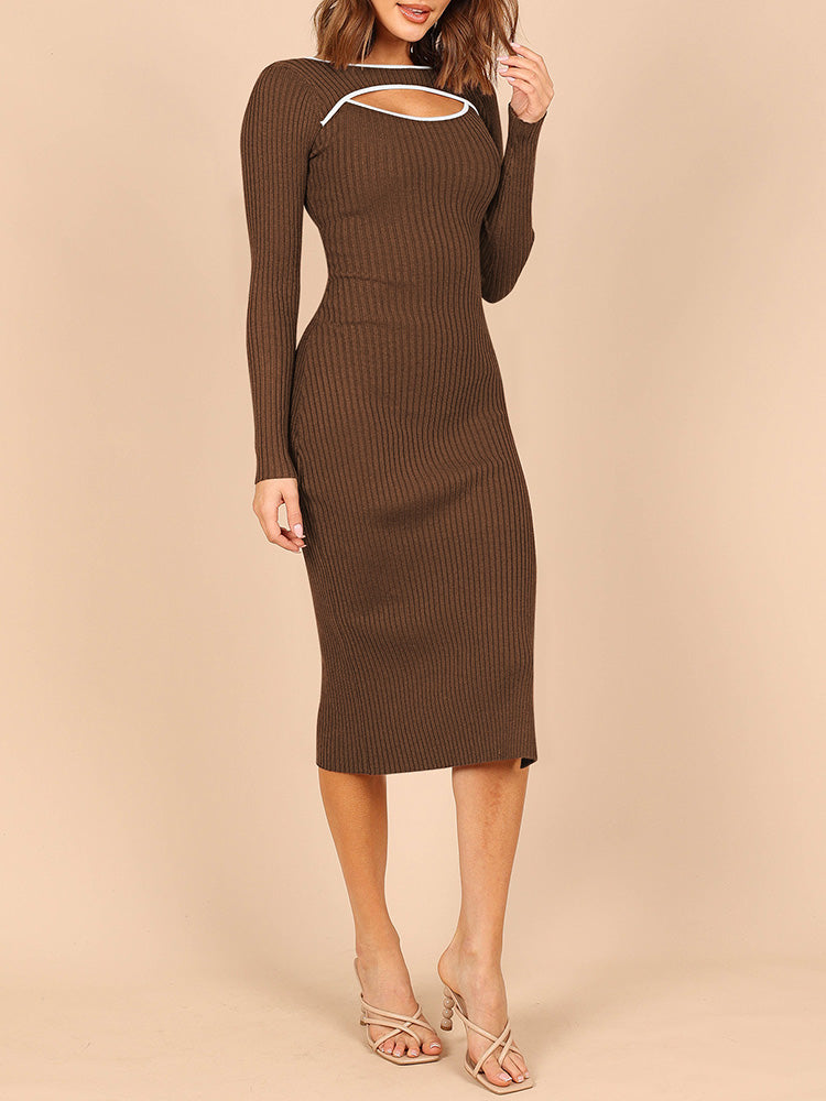 LC273313-17-S, LC273313-17-M, LC273313-17-L, LC273313-17-XL, Brown Women's Bodycon Midi Dress Long Sleeve Cut Out Ribbed Knit Party Club Dress